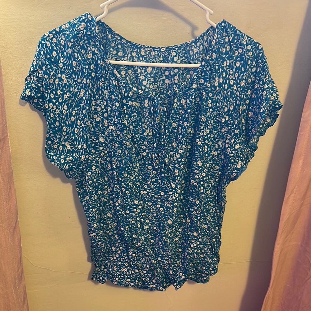 SHEIN Blue and White Flutter Sleeve Blouse with Ruched Tie Front